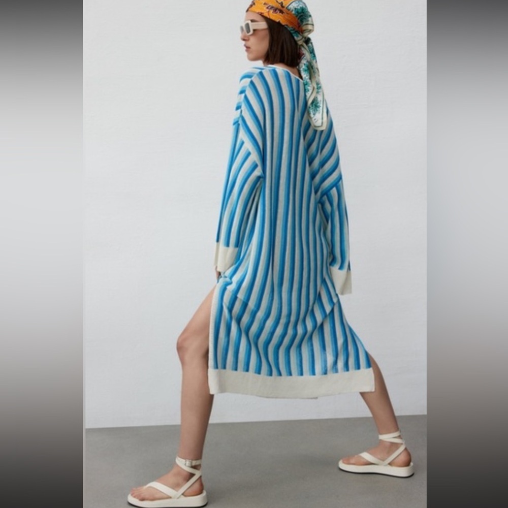 Zara Knit Linen Blend Striped Tunic Dress L Beach Cover Up Resort Summer NWOT